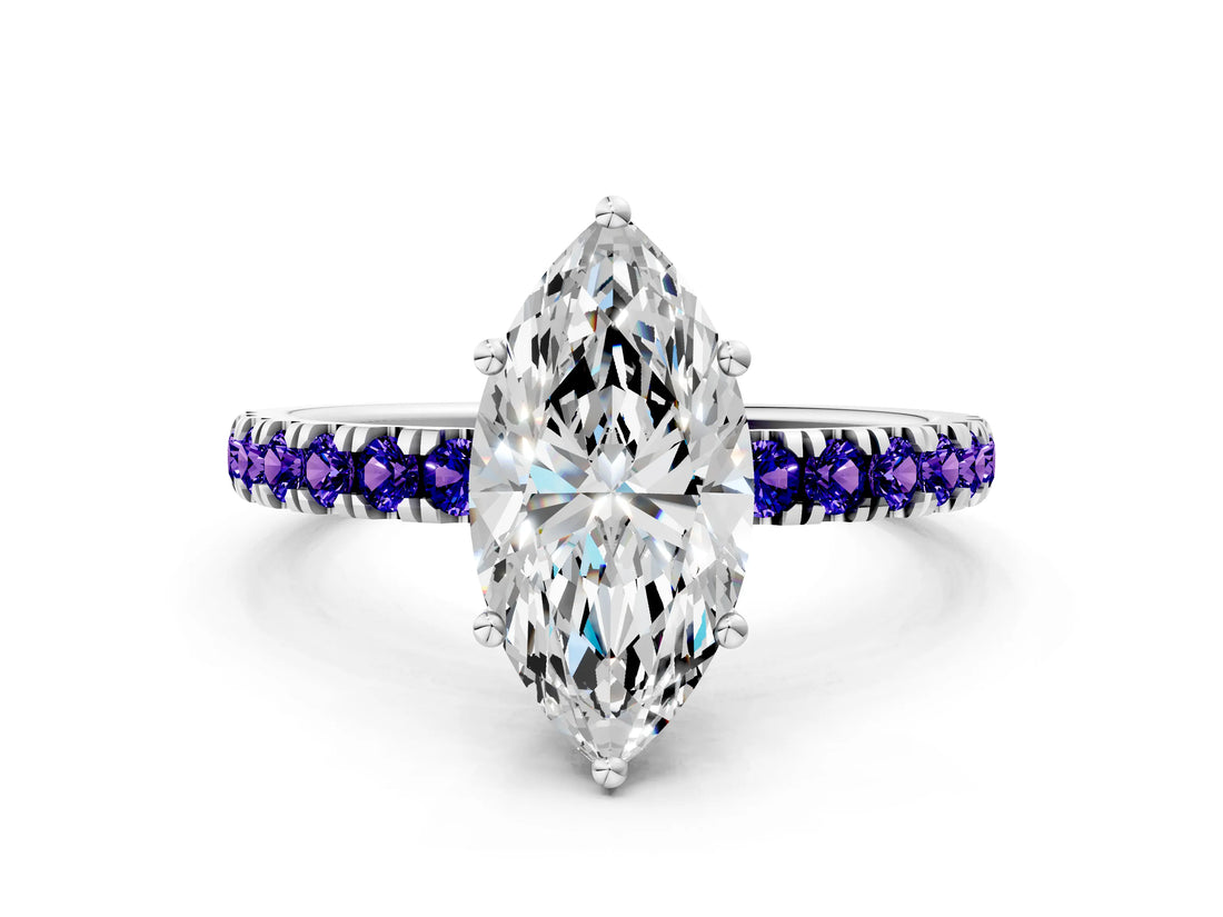 White gold Marquise Cut Diamond Pave Band Solitaire Ring with Round with Tanzanite side stone and Prong Setting_24