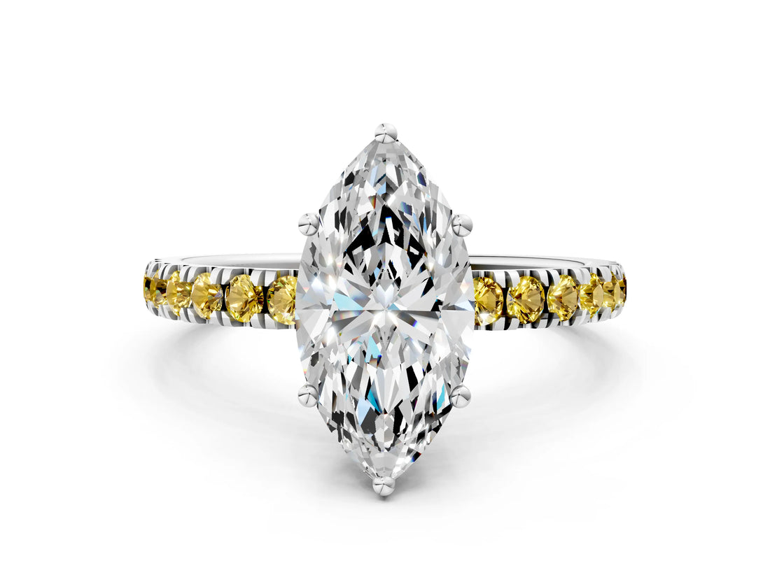 White gold Marquise Cut Diamond Pave Band Solitaire Ring with Round with Yellow Sapphire side stone and Prong Setting