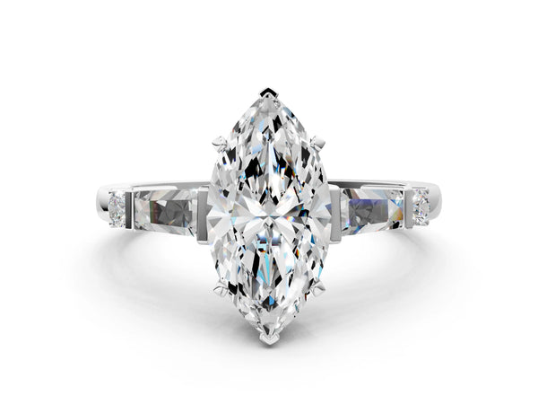 White gold Marquise Cut Diamond Ring with Baguette Side Stones, Channel Set Band, and Four-Prong Setting