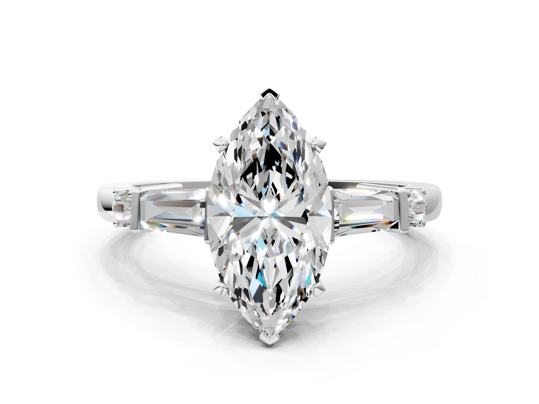 White gold Marquise Cut Diamond Ring with Baguette Side Stones, Channel Set Band, and Four-Prong Setting_40