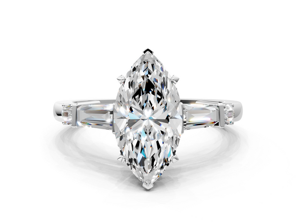 White gold Marquise Cut Diamond Ring with Baguette Side Stones, Channel Set Band, and Four-Prong Setting