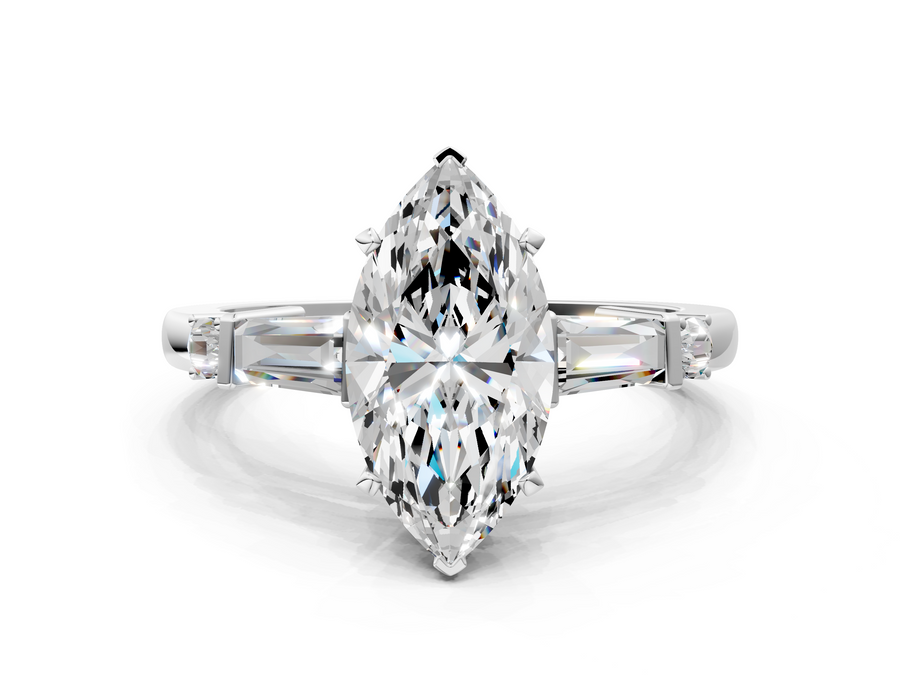 White gold Marquise Cut Diamond Ring with Baguette Side Stones, Channel Set Band, and Four-Prong Setting