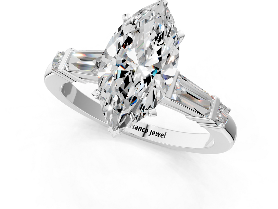 White gold Marquise Cut Diamond Ring with Baguette Side Stones, Channel Set Band, and Four-Prong Setting