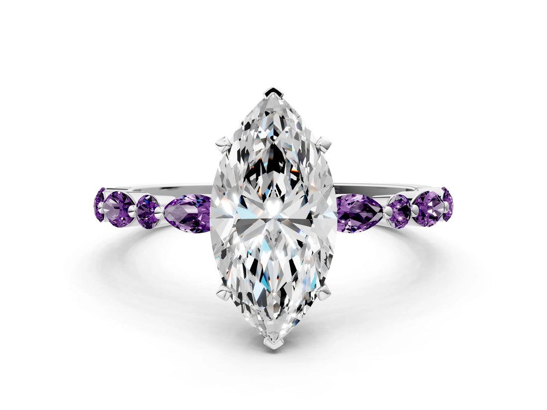 White gold Marquise Cut Diamond Ring with Marquise and Round with Amethyst side stone Side Stones and Four-Prong Setting_21