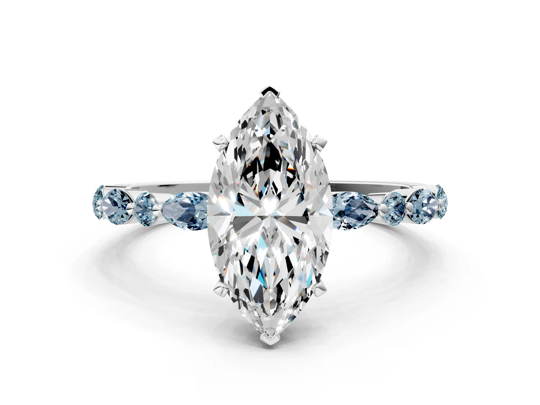 White gold Marquise Cut Diamond Ring with Marquise and Round with Aquamarine side stone Side Stones and Four-Prong Setting_12