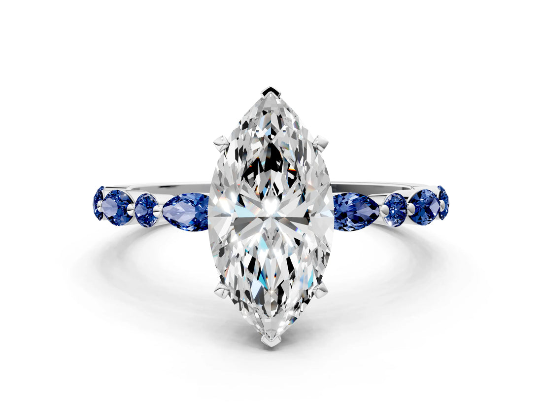 White gold Marquise Cut Diamond Ring with Marquise and Round with Blue Sapphire side stone Side Stones and Four-Prong Setting_60