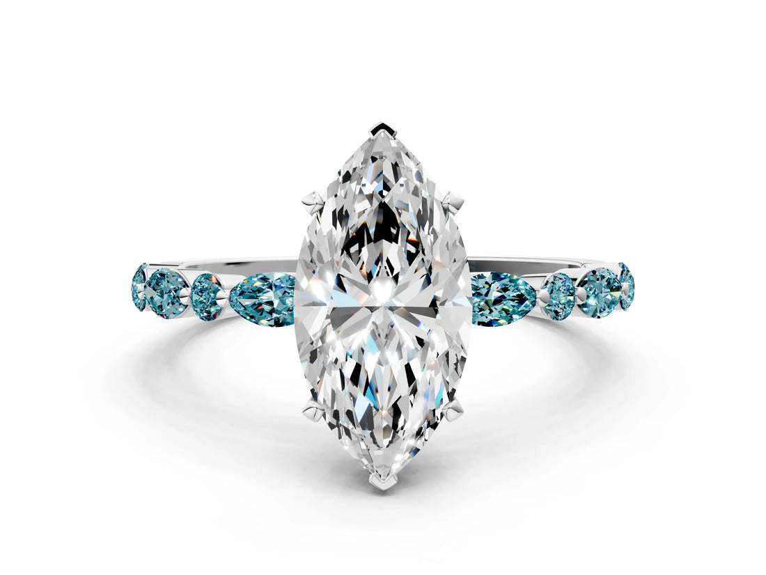 White gold Marquise Cut Diamond Ring with Marquise and Round with Blue Topaz side stone Side Stones and Four-Prong Setting_36