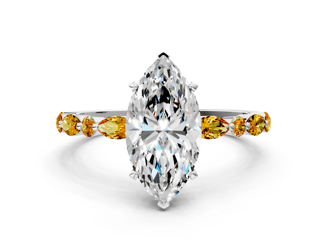 White gold Marquise Cut Diamond Ring with Marquise and Round with Citrine side stone Side Stones and Four-Prong Setting_34