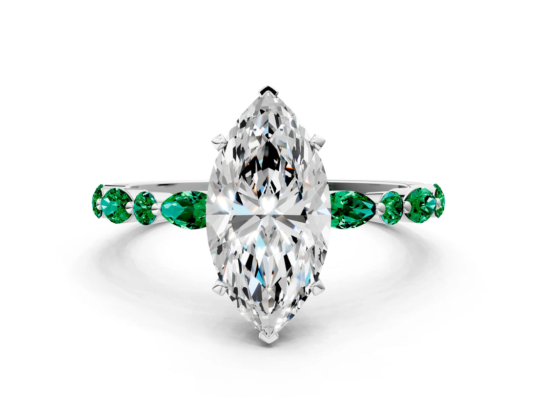 White gold Marquise Cut Diamond Ring with Marquise and Round with Emerald side stone Side Stones and Four-Prong Setting_72