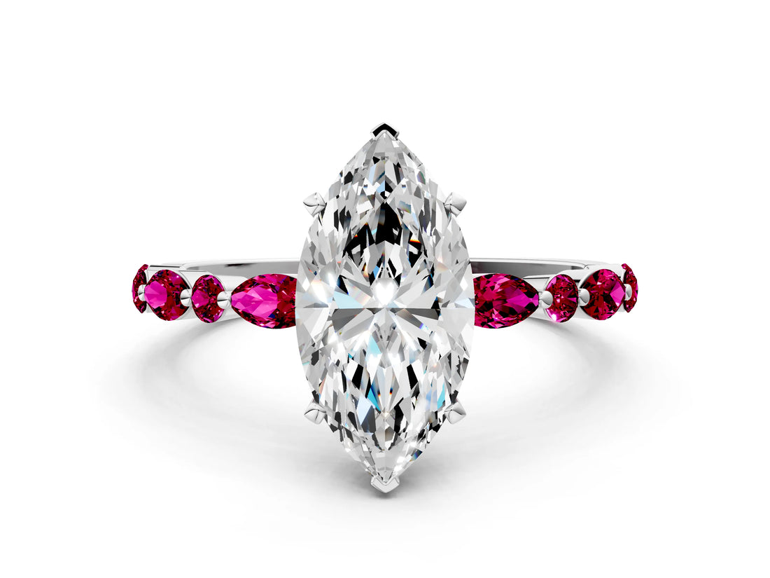 Silver 2.05 Carat D VVS2 Marquise Diamond Ring with Marquise and Round Side Stones and Four-Prong Setting