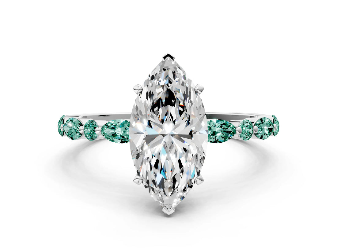 White gold Marquise Cut Diamond Ring with Marquise and Round with Green Sapphire side stone Side Stones and Four-Prong Setting_10