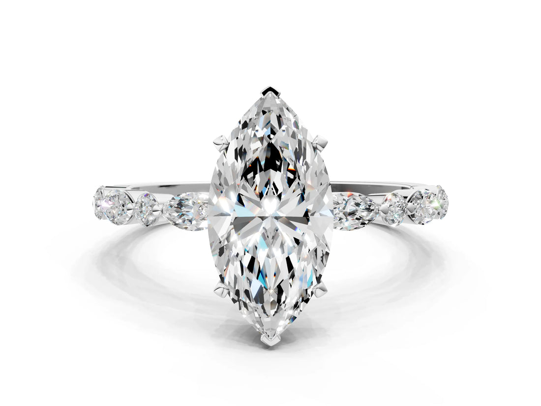 White gold Marquise Cut Diamond Ring with Marquise and Round with Moissanite side stone Side Stones and Four-Prong Setting_78
