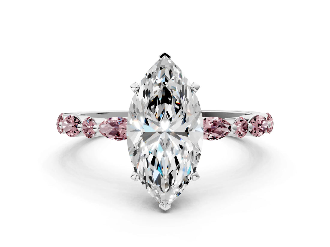 White gold Marquise Cut Diamond Ring with Marquise and Round with Morganite side stone Side Stones and Four-Prong Setting_24