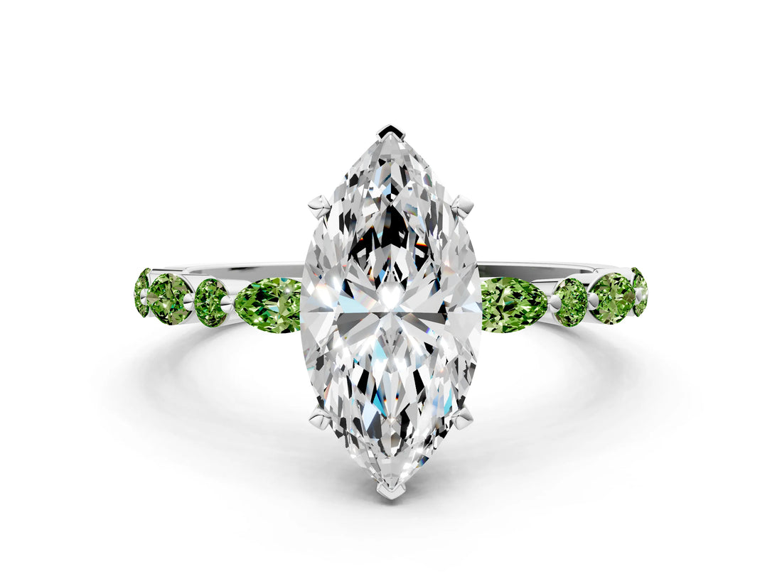 White gold Marquise Cut Diamond Ring with Marquise and Round with Peridot side stone Side Stones and Four-Prong Setting