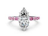 White gold Marquise Cut Diamond Ring with Marquise and Round with Pink Sapphire side stone Side Stones and Four-Prong Setting