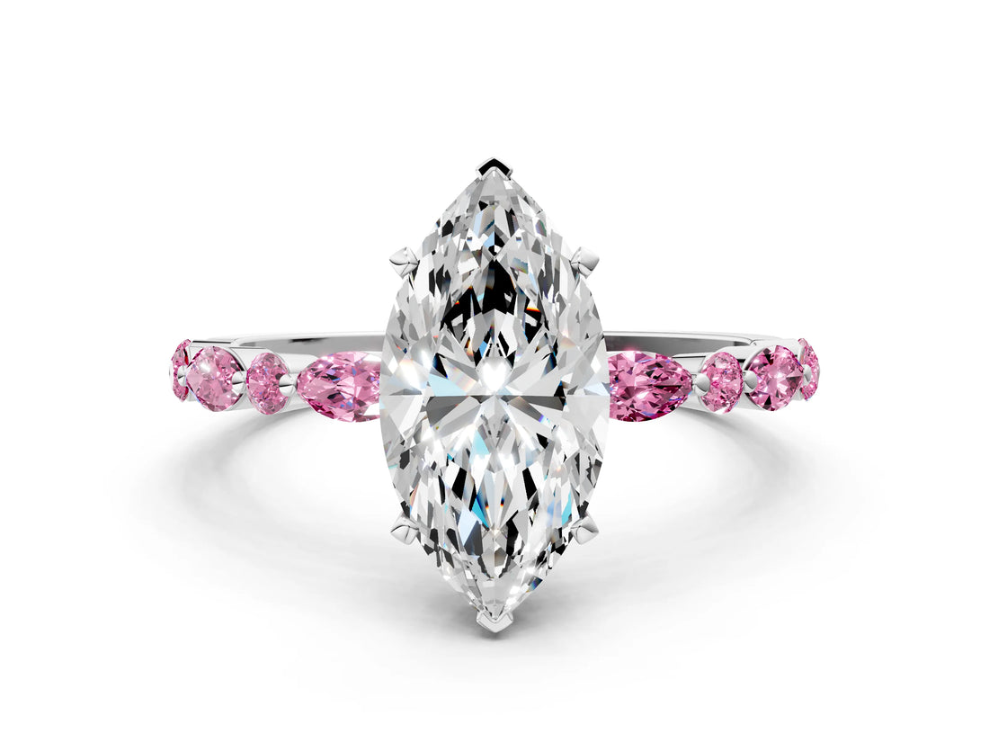 White gold Marquise Cut Diamond Ring with Marquise and Round with Pink Sapphire side stone Side Stones and Four-Prong Setting
