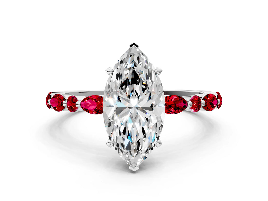 White gold Marquise Cut Diamond Ring with Marquise and Round with Ruby side stone Side Stones and Four-Prong Setting_48