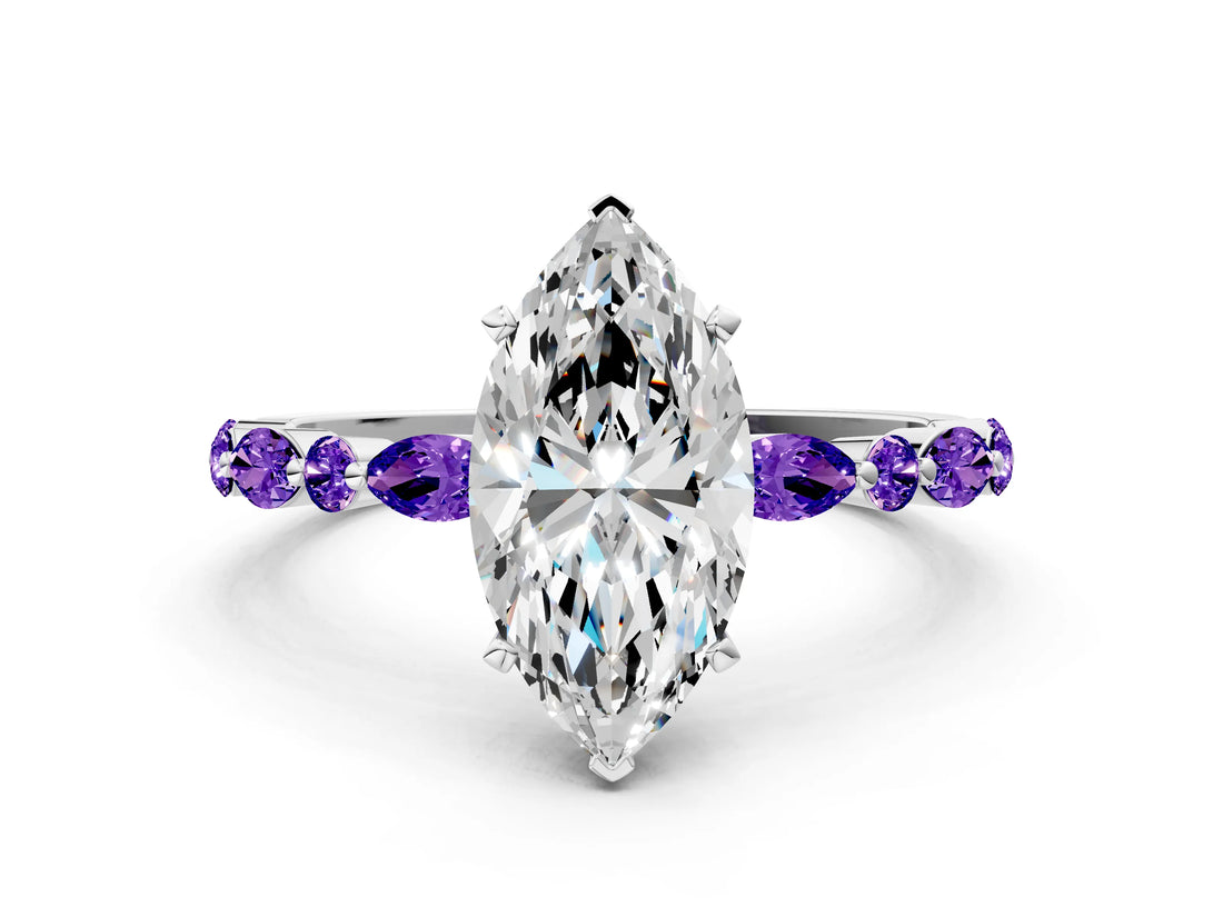 White gold Marquise Cut Diamond Ring with Marquise and Round with Tanzanite side stone Side Stones and Four-Prong Setting_18