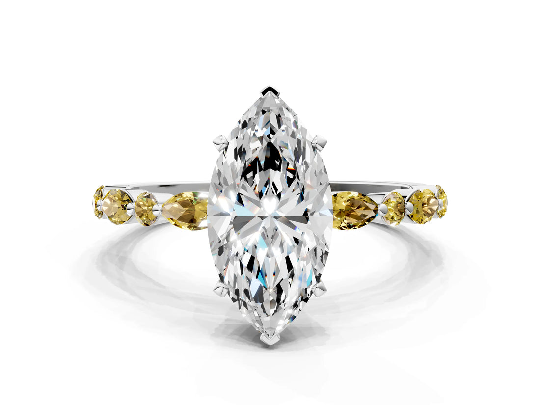 White gold Marquise Cut Diamond Ring with Marquise and Round with Yellow Sapphire side stone Side Stones and Four-Prong Setting_62