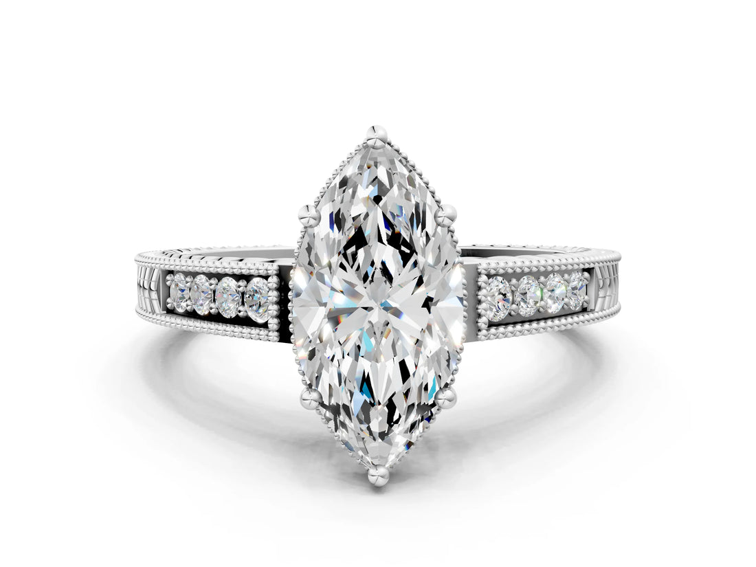 White gold Marquise Cut Diamond Ring with Milgrain Pavé Band and Four-Prong Setting_38