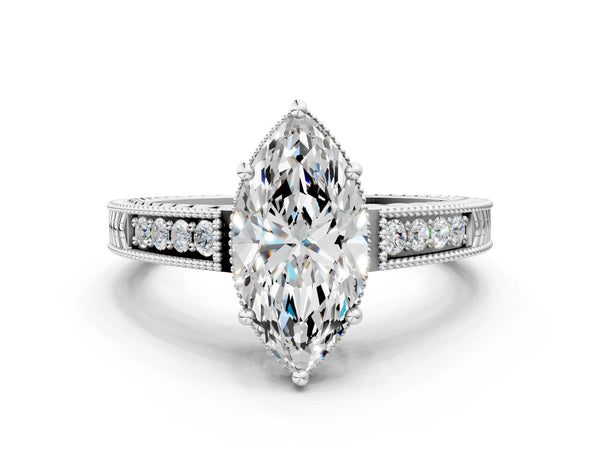 White gold Marquise Cut Diamond Ring with Milgrain Pavé Band and Four-Prong Setting