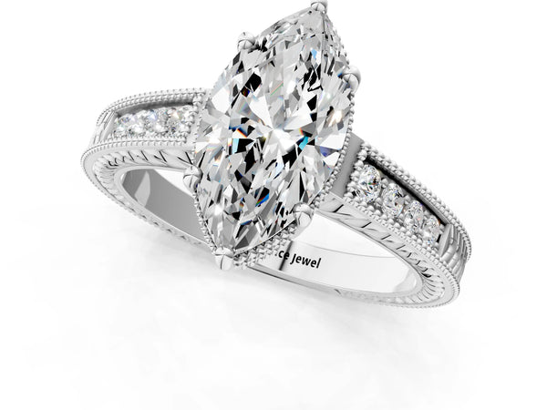 White gold Marquise Cut Diamond Ring with Milgrain Pavé Band and Four-Prong Setting