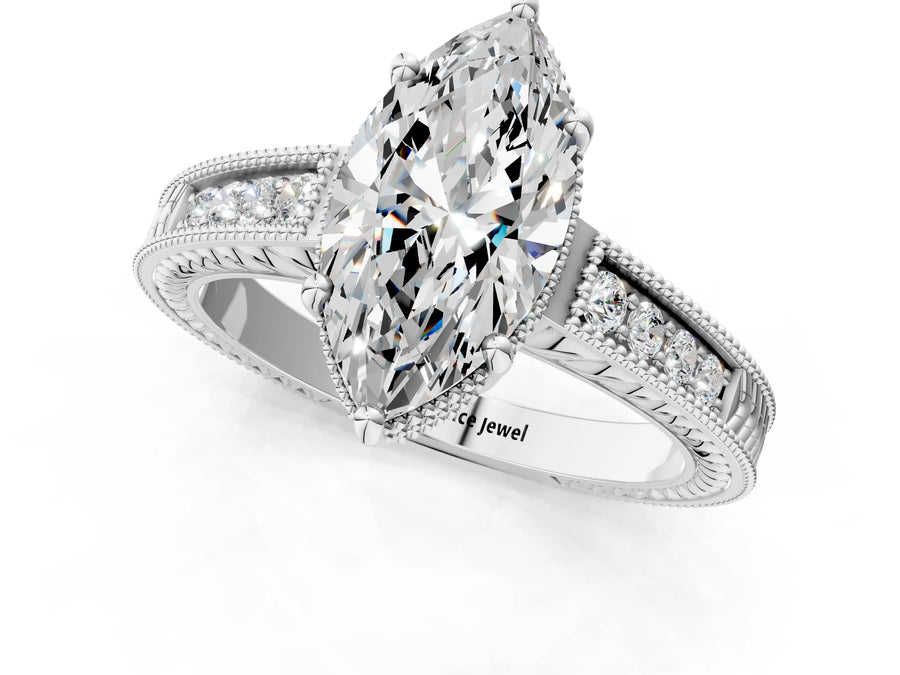 White gold Marquise Cut Diamond Ring with Milgrain Pavé Band and Four-Prong Setting