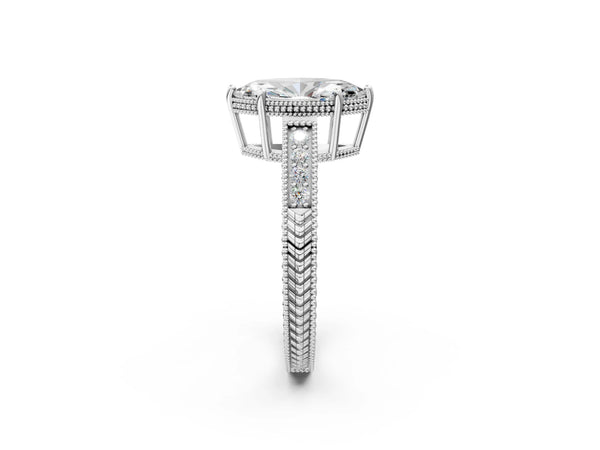 White gold Marquise Cut Diamond Ring with Milgrain Pavé Band and Four-Prong Setting