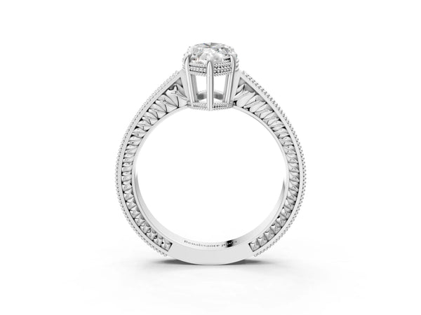 White gold Marquise Cut Diamond Ring with Milgrain Pavé Band and Four-Prong Setting