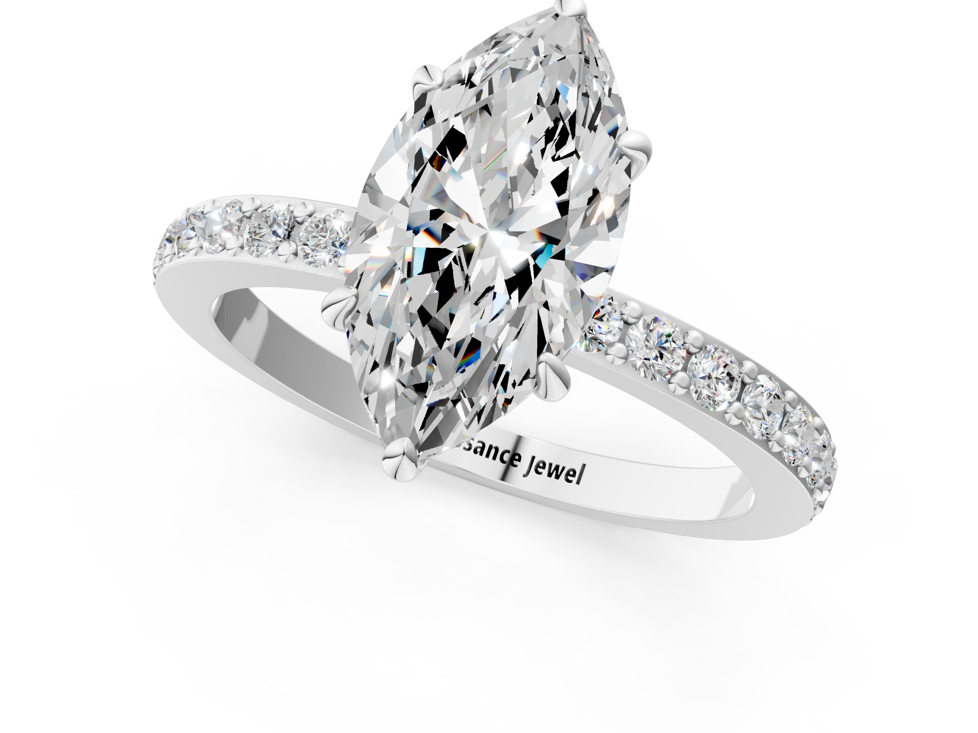 White gold Marquise Cut Diamond Ring with Pavé Band and Four-Prong Setting_120