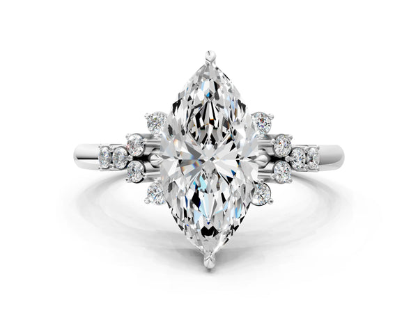 Silver Marquise Cut Diamond Ring with Side Stones and Four-Prong Setting