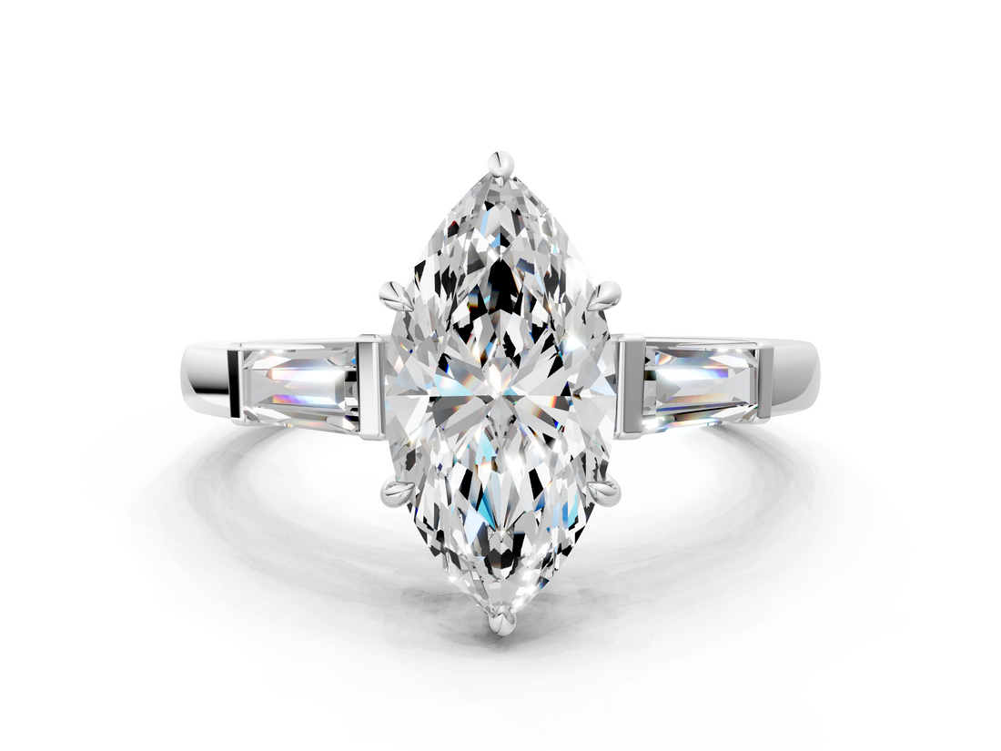 White gold Marquise Cut Diamond Ring with Tapered Baguette Side Stones in Four-Prong Setting_32