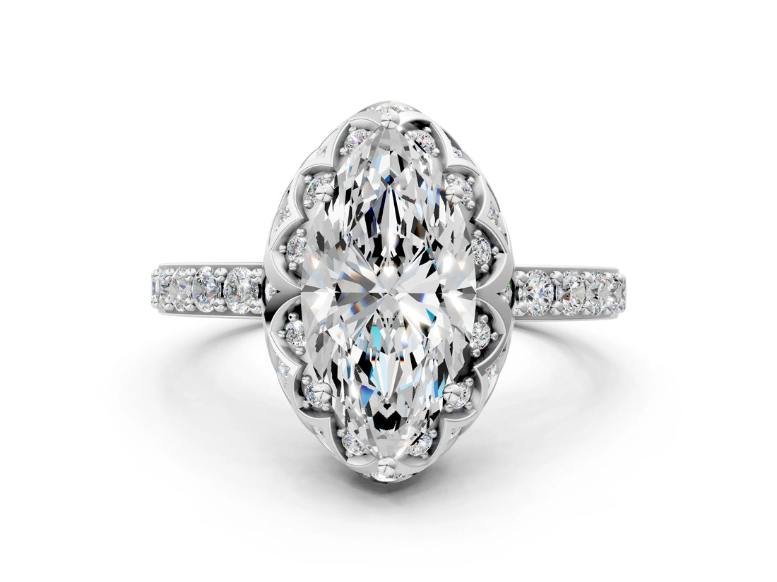White gold Marquise Cut Diamond Scalloped Halo Engagement Ring with Round Shared Prong Band_12