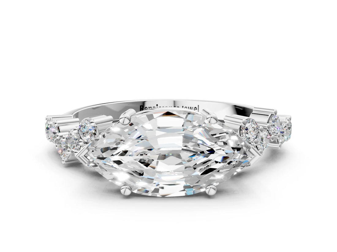 White gold Marquise Cut Diamond Scattered Round Accent Ring with Prong Setting_18
