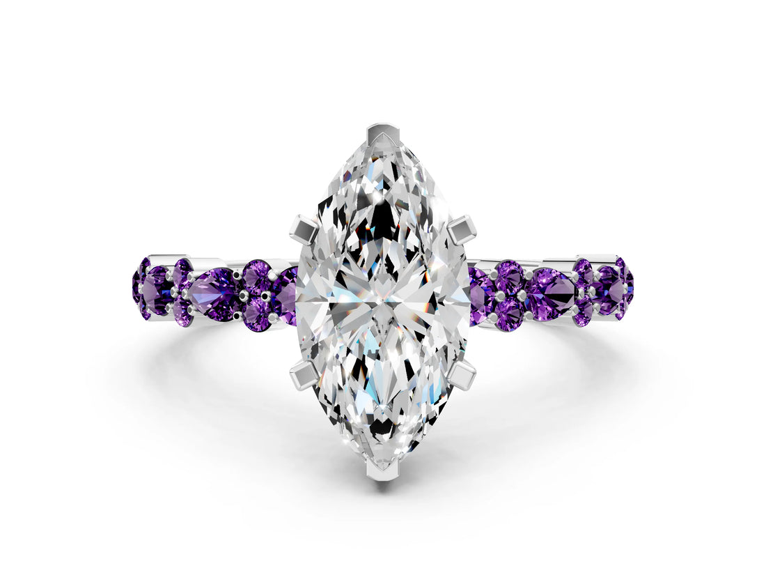 White gold Marquise Cut Diamond Side Stone Solitaire Ring with Round with Amethyst side stone and Four-Prong Setting