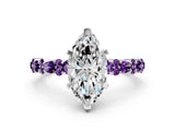White gold Marquise Cut Diamond Side Stone Solitaire Ring with Round with Amethyst side stone and Four-Prong Setting