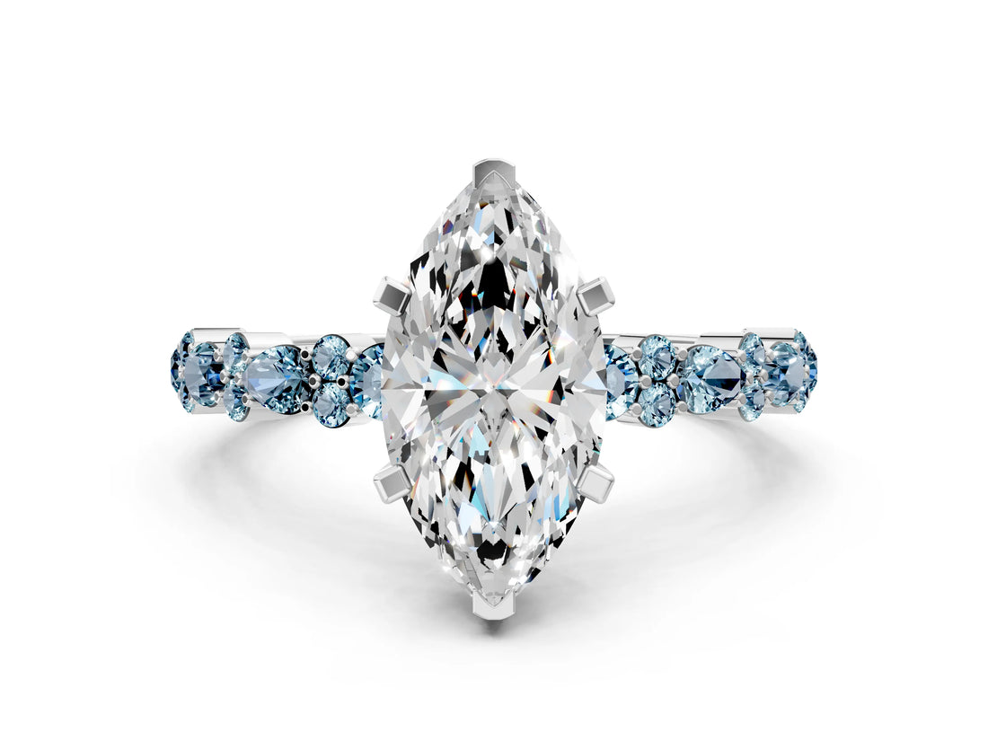White gold Marquise Cut Diamond Side Stone Solitaire Ring with Round with Aquamarine side stone and Four-Prong Setting
