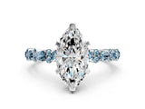 White gold Marquise Cut Diamond Side Stone Solitaire Ring with Round with Aquamarine side stone and Four-Prong Setting