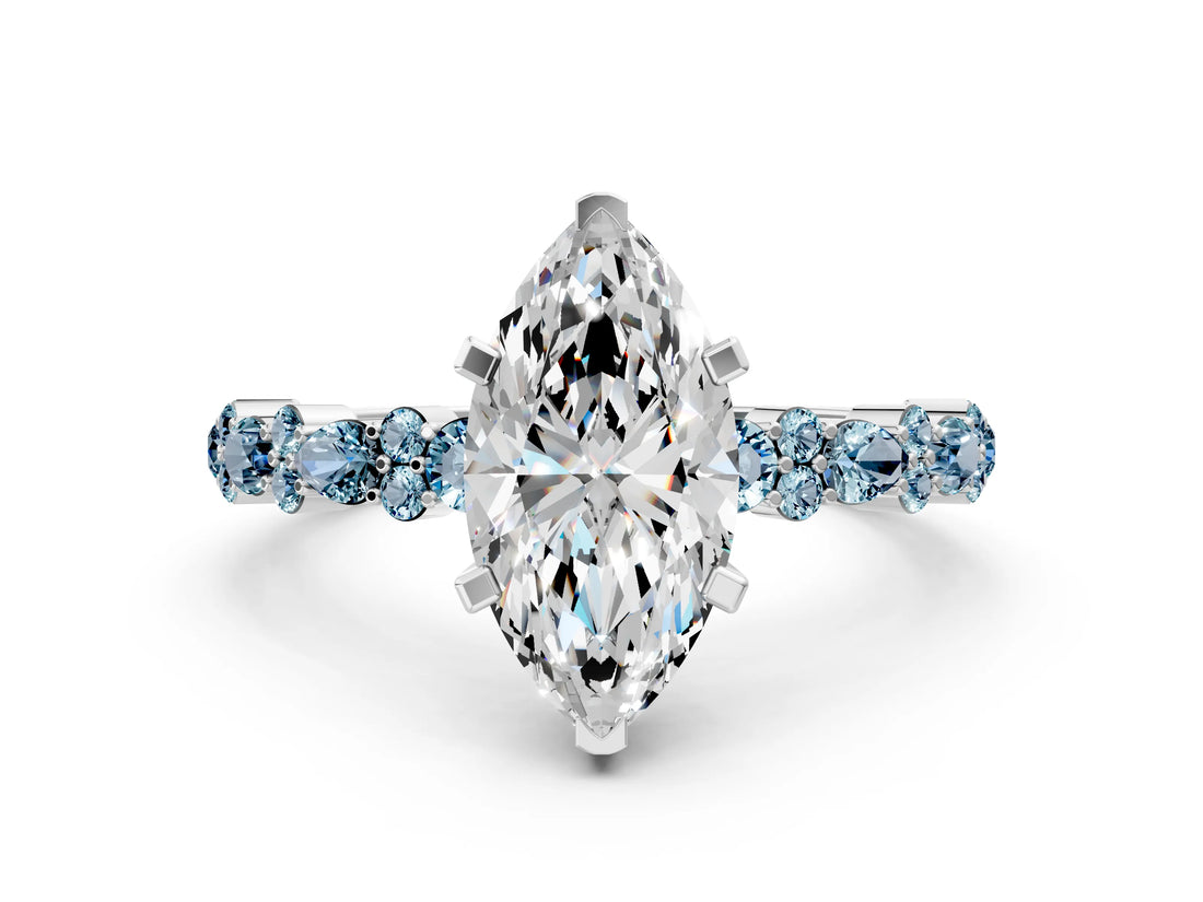 White gold Marquise Cut Diamond Side Stone Solitaire Ring with Round with Aquamarine side stone and Four-Prong Setting_12