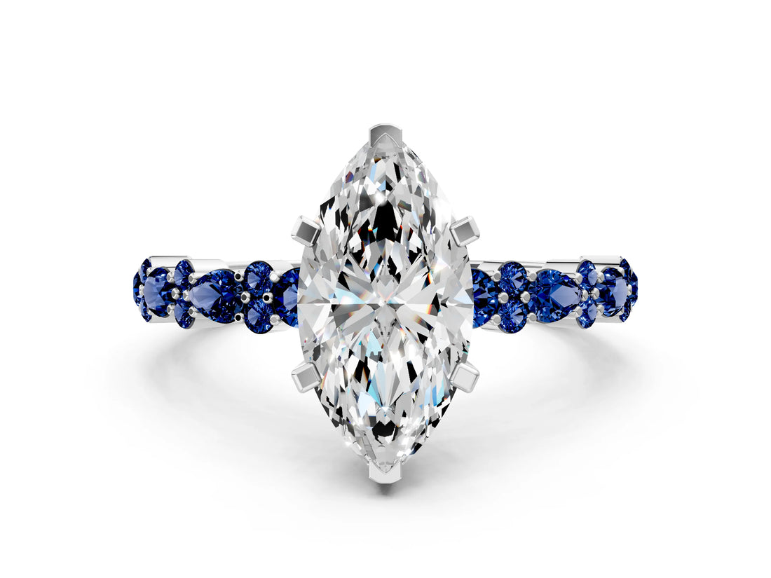 White gold Marquise Cut Diamond Side Stone Solitaire Ring with Round with Blue Sapphire side stone and Four-Prong Setting_12