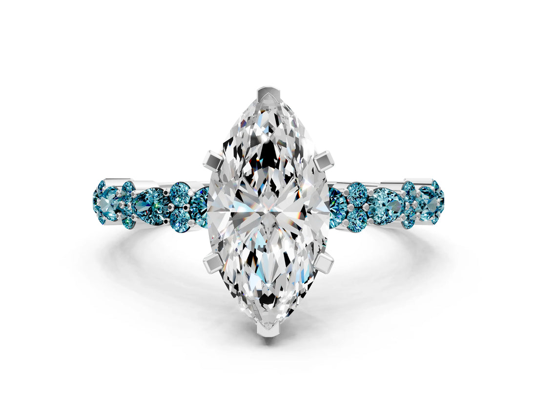 White gold Marquise Cut Diamond Side Stone Solitaire Ring with Round with Blue Topaz side stone and Four-Prong Setting