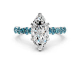 White gold Marquise Cut Diamond Side Stone Solitaire Ring with Round with Blue Topaz side stone and Four-Prong Setting