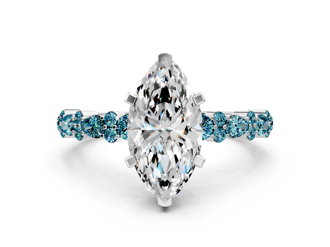 White gold Marquise Cut Diamond Side Stone Solitaire Ring with Round with Blue Topaz side stone and Four-Prong Setting