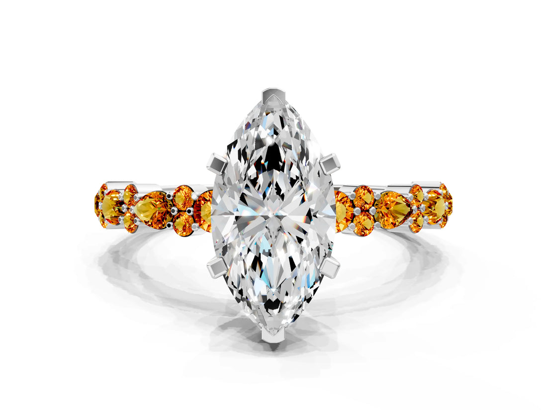 White gold Marquise Cut Diamond Side Stone Solitaire Ring with Round with Citrine side stone and Four-Prong Setting