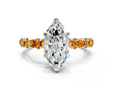 White gold Marquise Cut Diamond Side Stone Solitaire Ring with Round with Citrine side stone and Four-Prong Setting