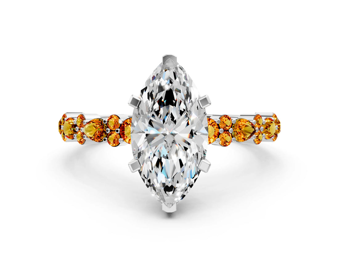 White gold Marquise Cut Diamond Side Stone Solitaire Ring with Round with Citrine side stone and Four-Prong Setting