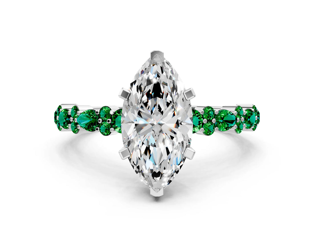 White gold Marquise Cut Diamond Side Stone Solitaire Ring with Round with Emerald side stone and Four-Prong Setting