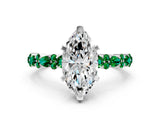 White gold Marquise Cut Diamond Side Stone Solitaire Ring with Round with Emerald side stone and Four-Prong Setting