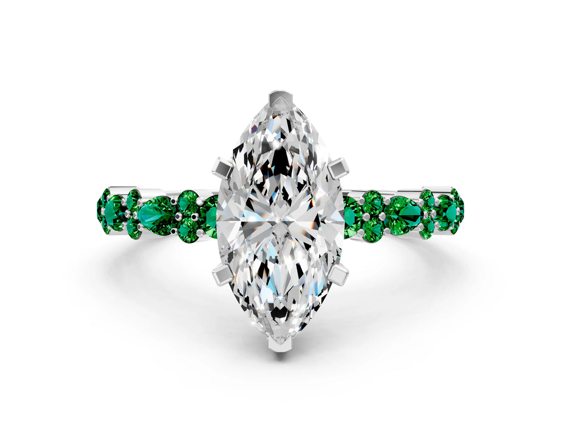 White gold Marquise Cut Diamond Side Stone Solitaire Ring with Round with Emerald side stone and Four-Prong Setting_12