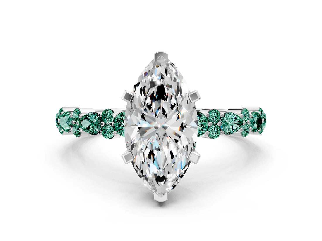 White gold Marquise Cut Diamond Side Stone Solitaire Ring with Round with Green Sapphire side stone and Four-Prong Setting